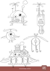 Characterdesign lustige fliegende Roboter